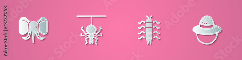 Set paper cut Elephant, Spider, Centipede insect and Camping hat icon. Paper art style. Vector