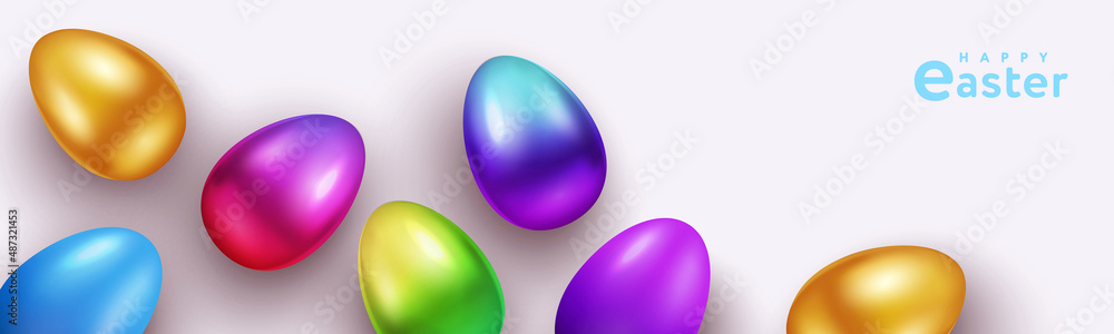 Happy Easter holiday background with realistic 3d border made of bright gradient colored eggs for holiday greeting banner, website header, card, horizontal poster. Vector multi colored Easter eggs. 
