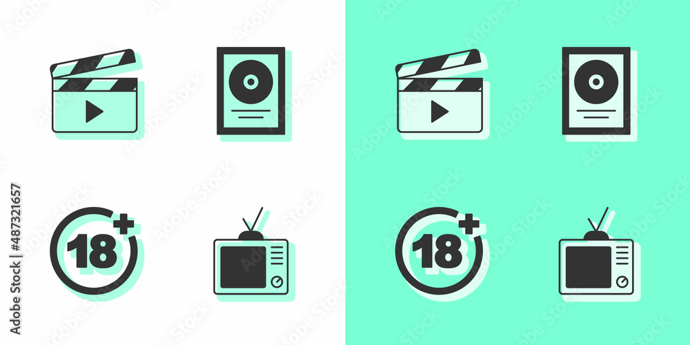 Set Retro tv, Movie clapper, Plus 18 movie and CD disk award in frame icon. Vector Set Retro tv, Movie clapper, Plus 18 movie and CD disk award in frame icon. Vector