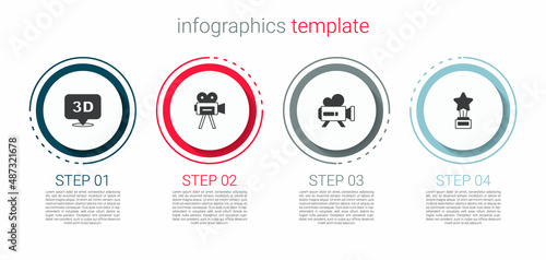 Set 3D word, Retro cinema camera, and Movie trophy. Business infographic template. Vector