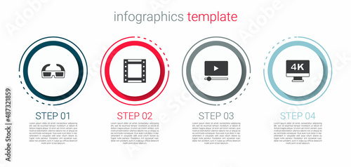 Set 3D cinema glasses, Play video, Online play and Screen tv with 4k. Business infographic template. Vector
