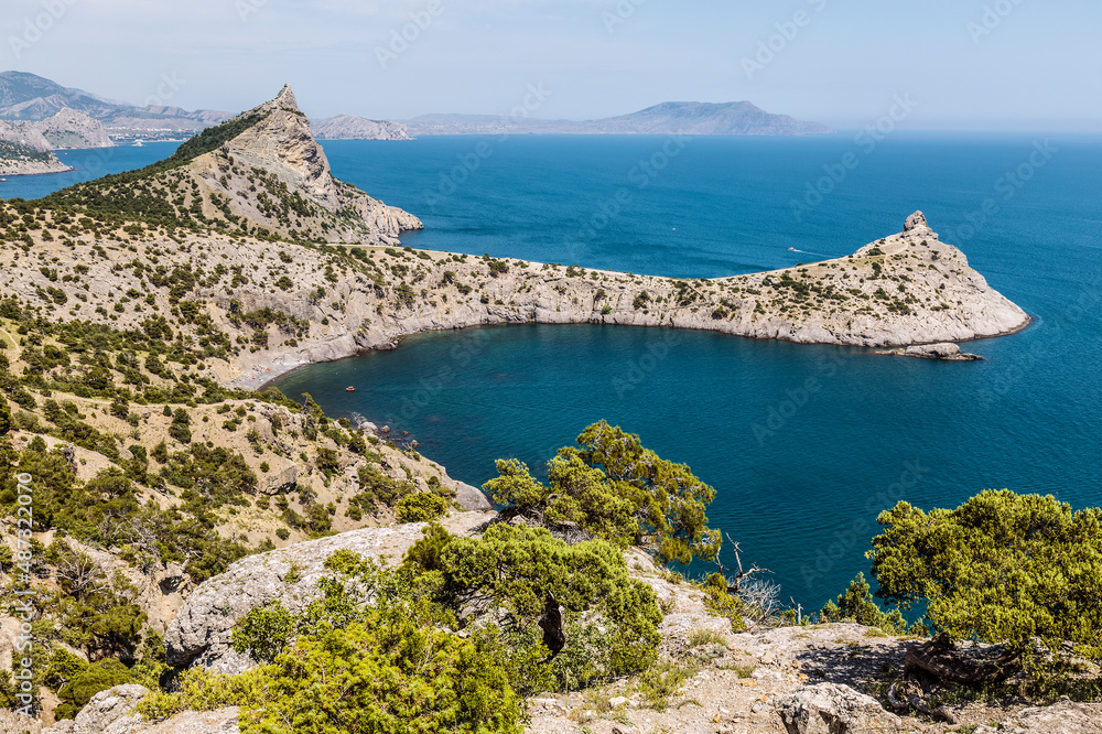 Top view of Cape Kapchik, Blue Bay and Mount Koba-Kaya. Black Sea, Crimea, Russia