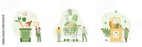 Food loss and waste illustration set. Characters trying to reduce food waste, meal garbage and overconsumption. Environment and resources problem concept. Vector illustration.