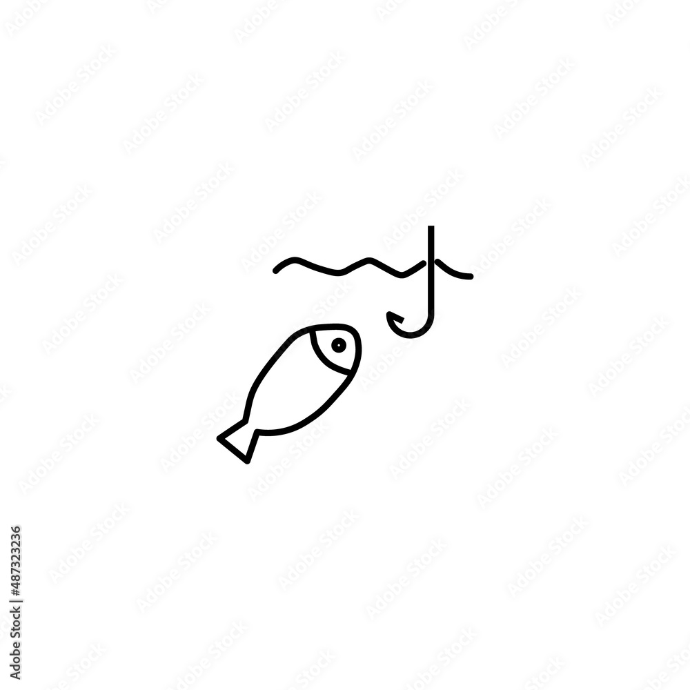 Summer activities, holiday and vacation concept. Vector sign in flat style. Suitable for web sites, stores, articles, books etc. Line icon of fish next to fishhook in river or lake Summer activities, holiday and vacation concept. Vector sign in flat style. Suitable for web sites, stores, articles, books etc. Line icon of fish next to fishhook in river or lake