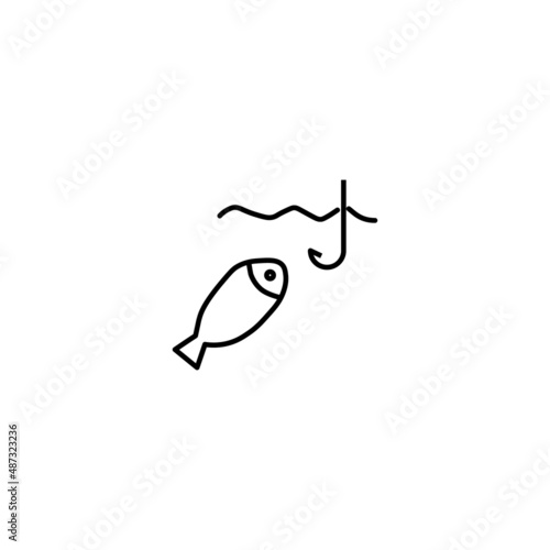 Summer activities, holiday and vacation concept. Vector sign in flat style. Suitable for web sites, stores, articles, books etc. Line icon of fish next to fishhook in river or lake