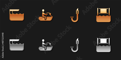 Set Diving board or springboard, Jet ski, Snorkel and Water volleyball net icon. Vector