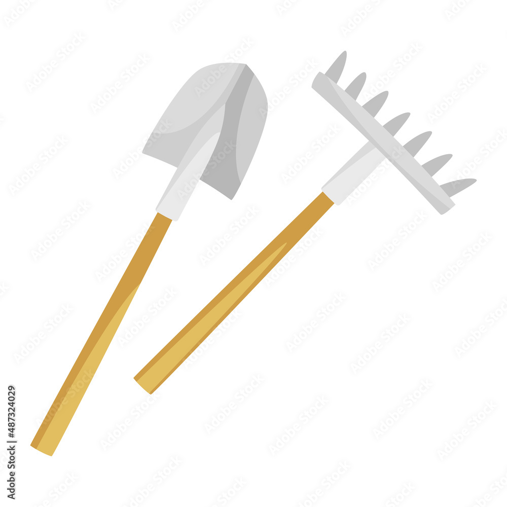 Garden Tools and Equipment with Rake and Shovel with Wooden Handle Vector Illustration Garden Tools and Equipment with Rake and Shovel with Wooden Handle Vector Illustration