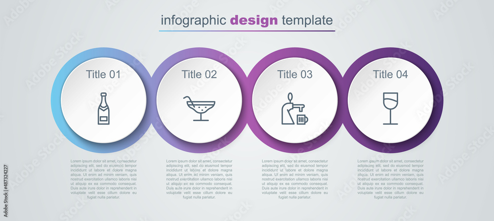 Set line Champagne bottle, Cocktail, Beer tap with glass and Wine. Business infographic template. Vector Set line Champagne bottle, Cocktail, Beer tap with glass and Wine. Business infographic template. Vector