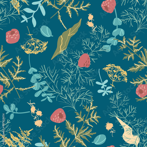 Blue forest leaves on turquoise background. Flat seamless pattern. Yellow yarrows, green fern. Plants - raspberry, wild strawberry, herbs. Textile design of the summer forest. Mint colors. Nature.