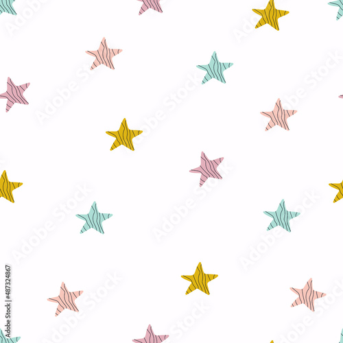 Cartoon stars seamless pattern. Cute children background in Scandinavian style. Colorful starry sky print. Funny vector illustration for fabric  bedding  scrapbooking  packaging.