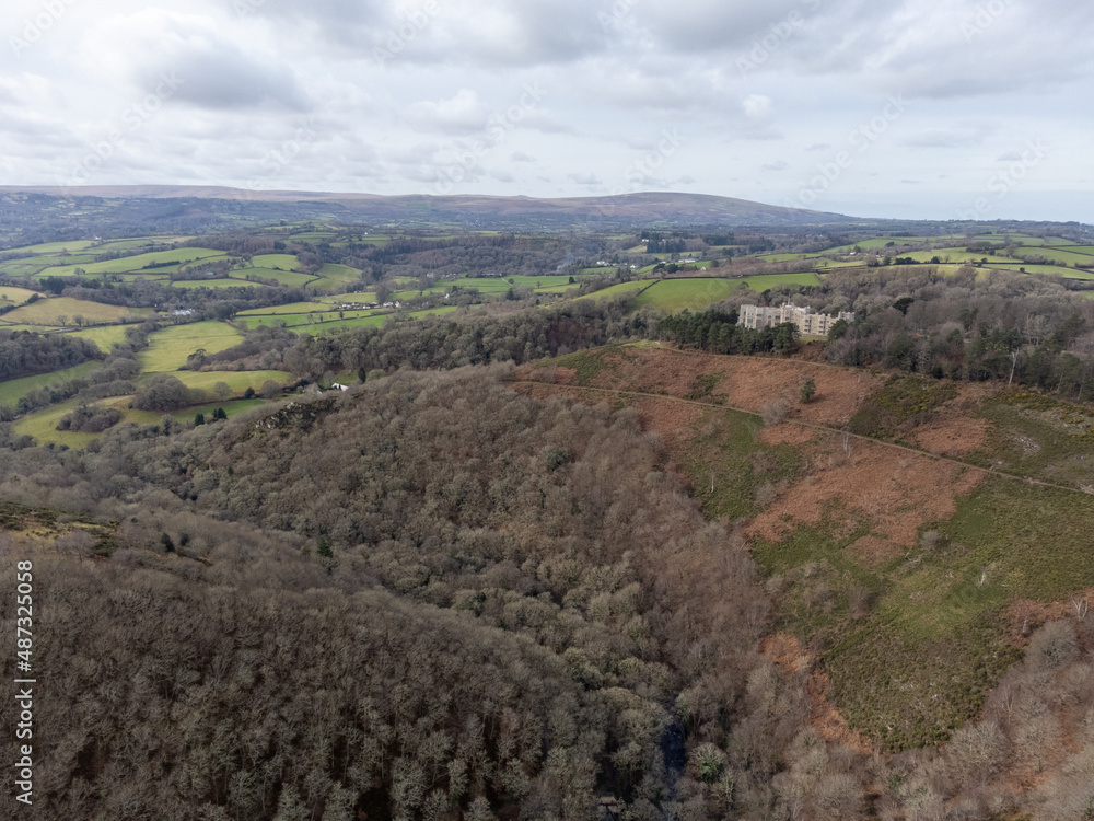 Land around castle drogo Dartmoor national park Devon england uk drone aerial 