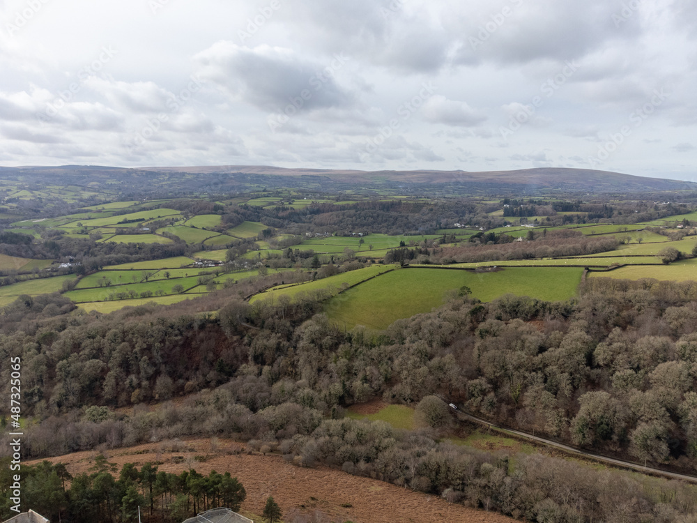 Land around castle drogo Dartmoor national park Devon england uk drone aerial 