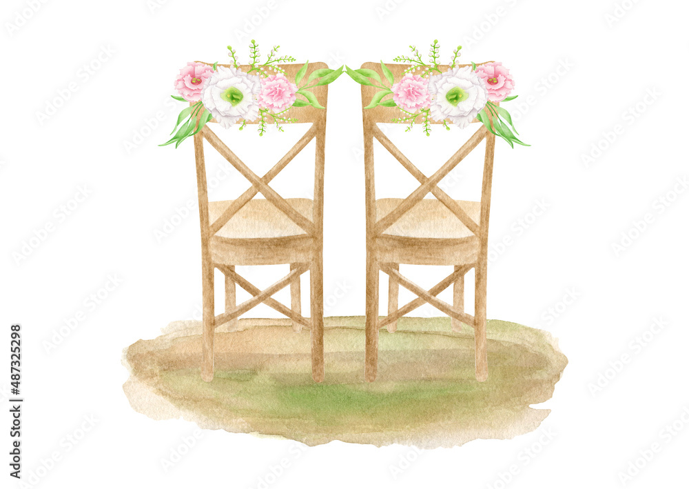Watercolor wedding chairs illustration. Hand painted wood newlywed chair back view decorated with flowers isolated on white background. Romantic scene for cards, invitations. Bride and groom decor