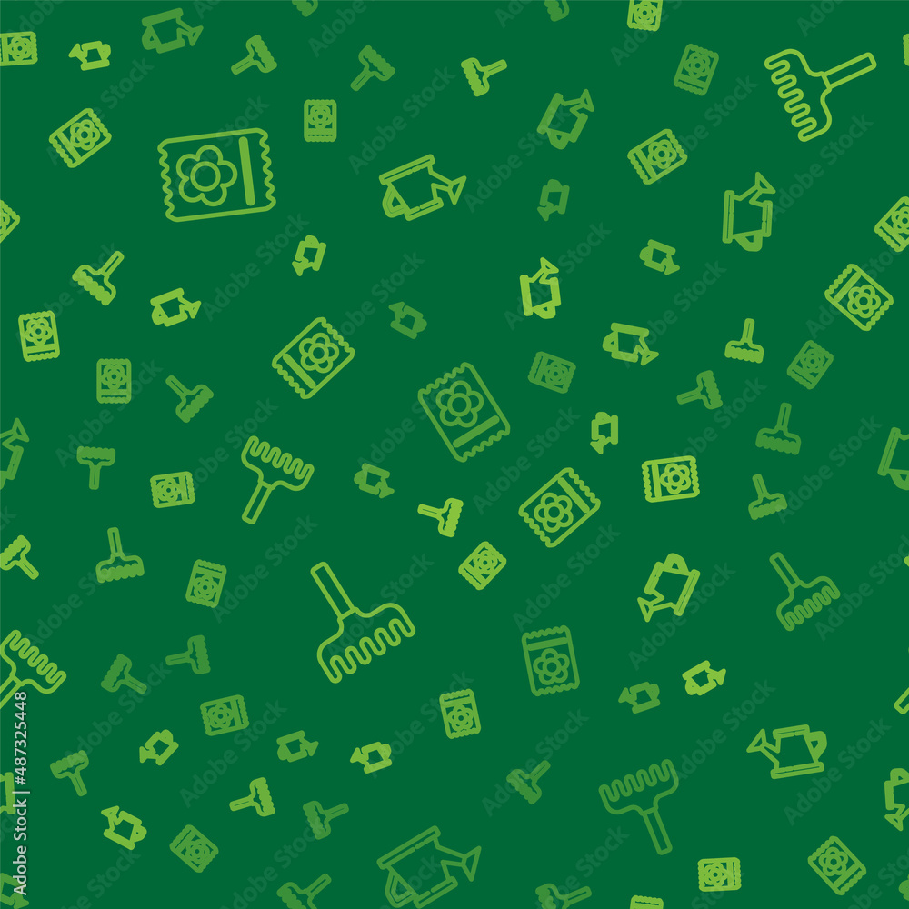 Set line Pack full of seeds of plant, Garden rake and Watering can on seamless pattern. Vector Set line Pack full of seeds of plant, Garden rake and Watering can on seamless pattern. Vector