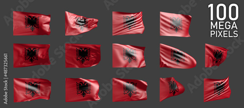 14 different pictures of Albania flag isolated on grey background - 3D illustration of object