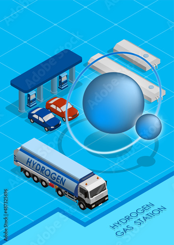 Isometric hydrogen gas station A4 vertical concept. Cargo fuel truck with tank for liquefied hydrogen transporting. Realistic 3D vector on blue background