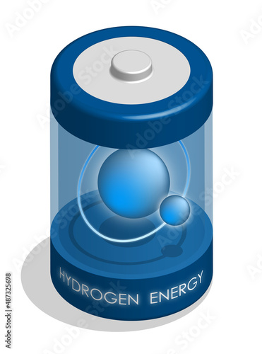 Isometric hydrogen battery for portable devices with hydrogen atom inside the flask. Energy storage in energy efficient recyclable battery. Realistic 3D vector isolated on white background
