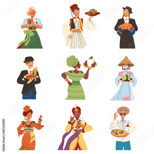 Gastronomic Tourism with People Character Holding Authentic Dish of Native Cuisine Vector Illustration Set