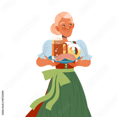 Gastronomic Tourism with Woman Character Holding Authentic Bavarian Dish with Beer Mug and Sausage Vector Illustration