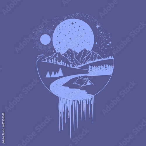 A mountain range, a river flows into a waterfall. Infinite outer space in very peri color. Endless outer space with stars and planets. A symbol of meditation, adventure, mountain tourism.