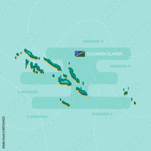 Cuadro en lienzo 3d vector map of Solomon Islands with name and flag of country on light green background and dash