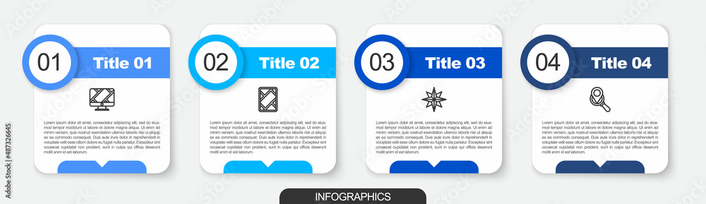 Obraz premium Set line Monitor with location marker, Gps device map, Wind rose and Search. Business infographic template. Vector