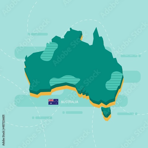 3d vector map of Australia with name and flag of country on light green background and dash.