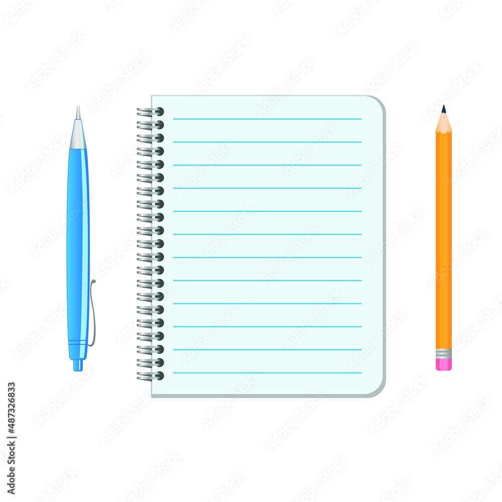 Notebook page, pencil, pen. Vector illustration Notebook page, pencil, pen. Vector illustration