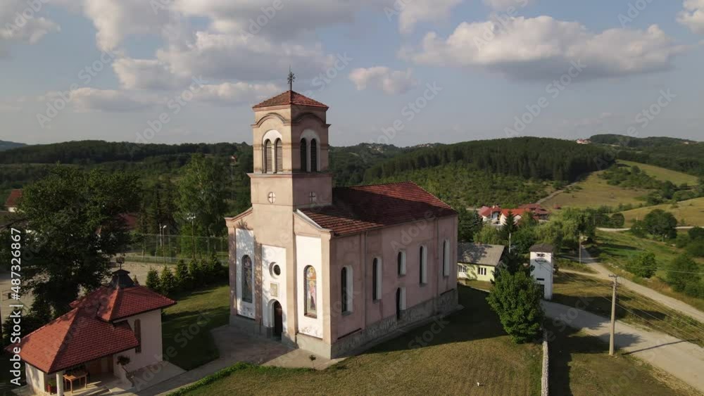 Aerial View of Orthodox Church on Hill Above Green Landscape of Mackat Village, Zlatibor Region, Serbia, Drone Shot Aerial View of Orthodox Church on Hill Above Green Landscape of Mackat Village, Zlatibor Region, Serbia, Drone Shot