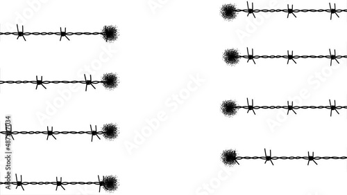 Black barbed wire is moving all over the screen. The ends of wire burn and explode. Allegory of approaching danger. Symbol of prison, restriction of freedom, forbidden territory.  Alpha channel