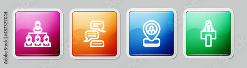 Set line Hierarchy organogram chart, Speech bubble chat, Worker location and Stage stand tribune. Colorful square button. Vector