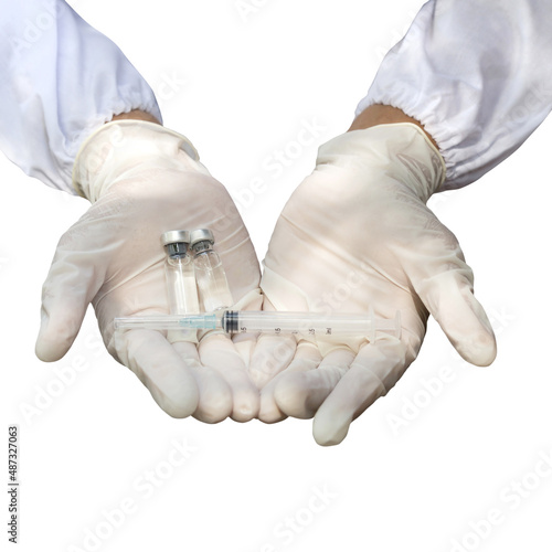 hand of doctor in white glove holding Syringe and medicine bottles isolated on white with clipping path, Virus vaccine concept