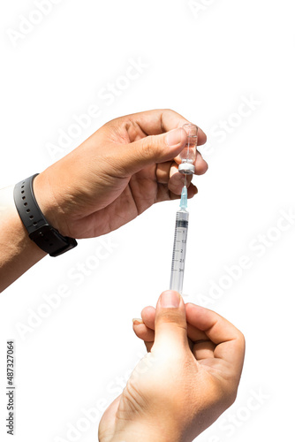 hand of a doctor holding Syringe and medicine bottles isolated on white with clipping path, Virus vaccine concept