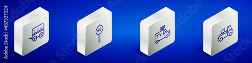 Set Isometric line Wild west covered wagon, Speed limit traffic, TV News car and Delivery truck icon. Vector