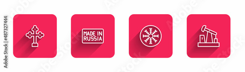 Set line Christian cross, Made in Russia, Snowflake and Oil pump or pump jack with long shadow. Red square button. Vector