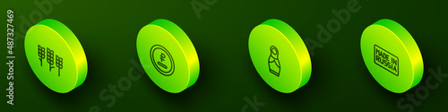 Set Isometric line Wheat, Rouble, ruble currency, Russian doll matryoshka and Made in icon. Vector