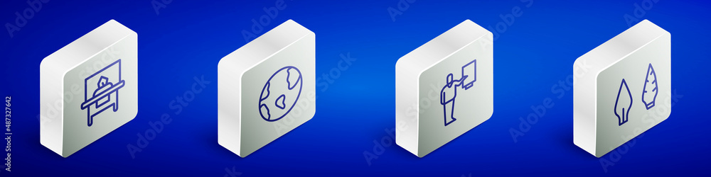 Set Isometric line Glass showcase for exhibit, Earth globe, Museum guide and Stone age arrow head icon. Vector Set Isometric line Glass showcase for exhibit, Earth globe, Museum guide and Stone age arrow head icon. Vector