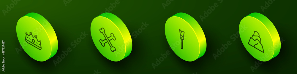 Set Isometric line King crown, Crossed human bones, Paint brush and Rock stones icon. Vector Set Isometric line King crown, Crossed human bones, Paint brush and Rock stones icon. Vector