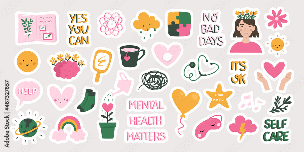 Mental health, mind therapy, self care and love, compassion and positive thinking concept collection of hand drawn flat stickers vector illustration.