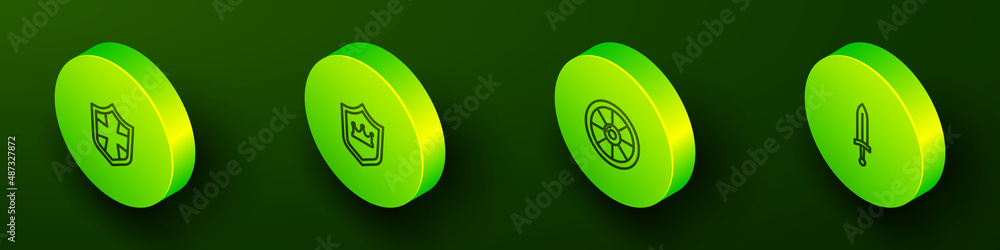 Set Isometric line Shield, with crown, Round wooden shield and Medieval sword icon. Vector