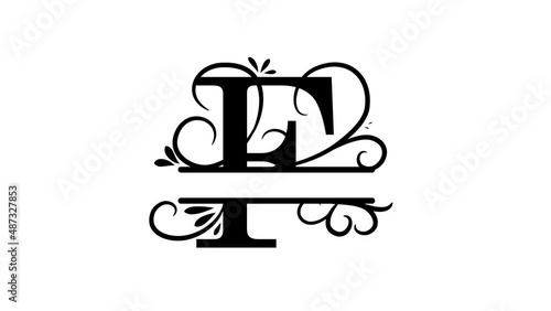Split letter F. Monogram F. Animated letter in vintage style, the letter appears, branches and leaves grow. A personalized logo to identify your video's personality. Alpha channel, transparent layer. 