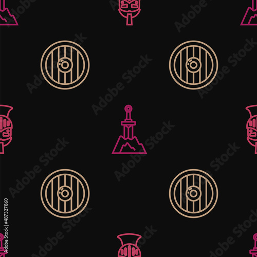 Set line Medieval iron helmet, Round wooden shield and Sword in the stone on seamless pattern. Vector