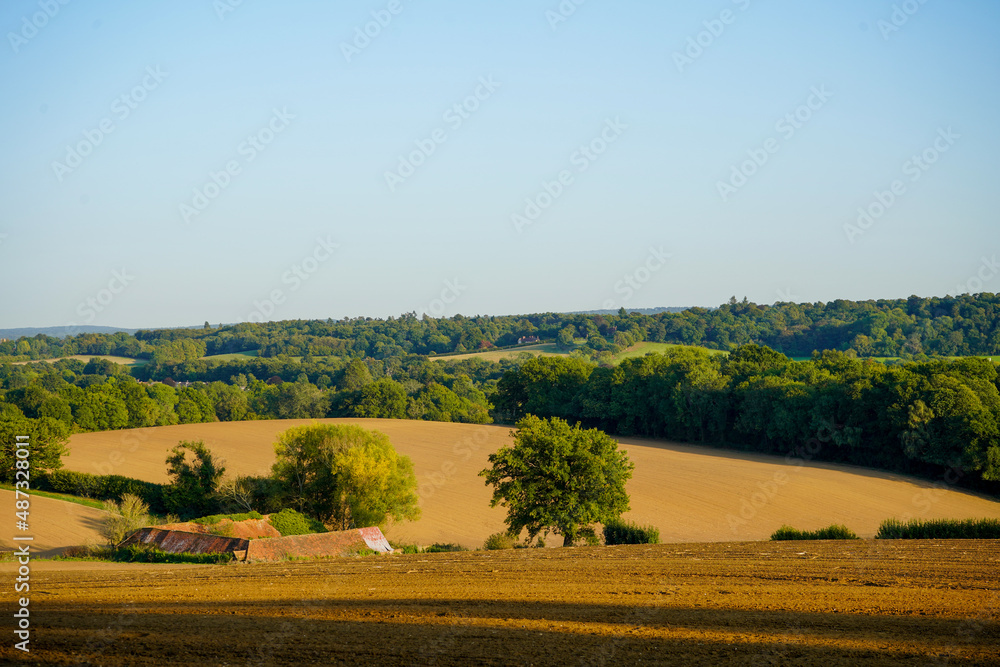 Freshly ploughed farm fields with trees and woodland 