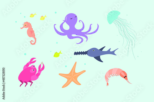 Sea animals set. Multicolored marine inhabitants vector illustration.