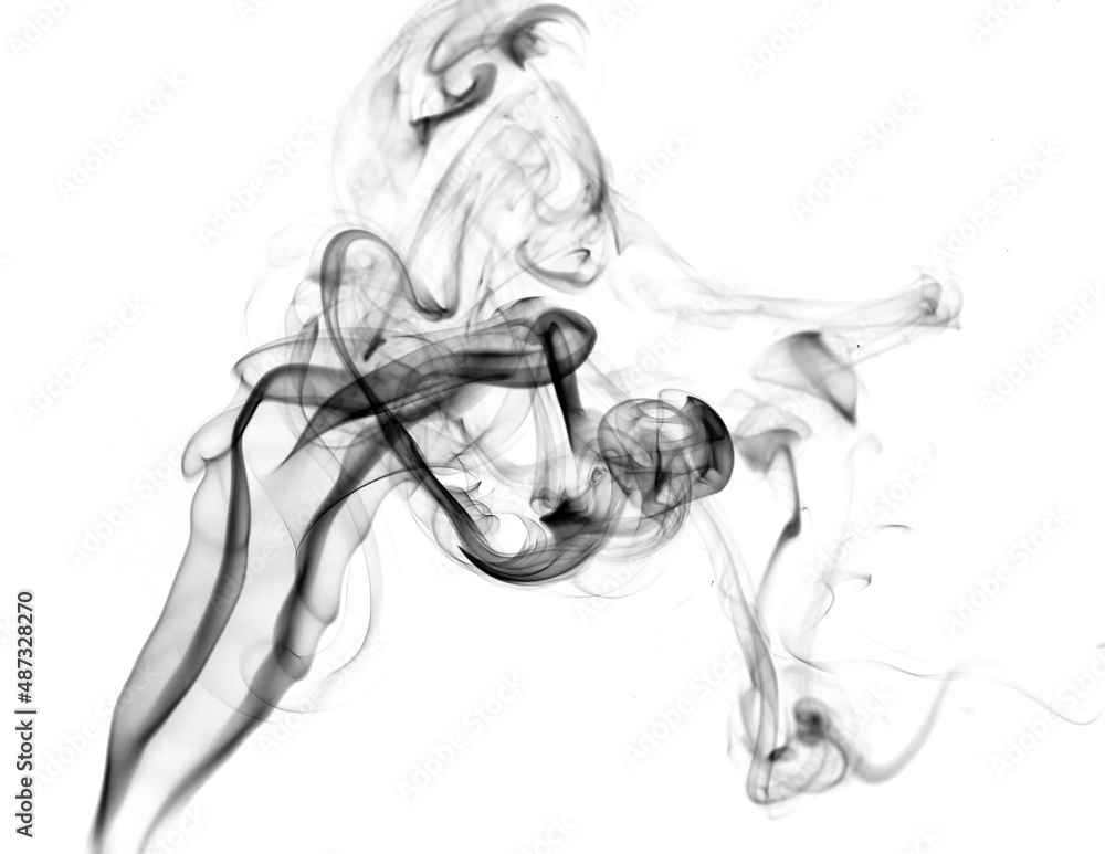 Twisted plumes of smoke, movement of black smoke on a white background. Abstract smoke lines