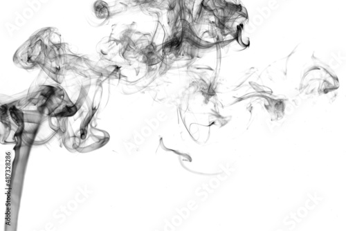 Twisted plumes of smoke, movement of black smoke on a white background. Abstract smoke lines