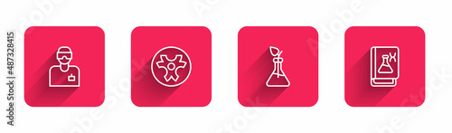 Set line Laboratory assistant, Biohazard symbol, Plant breeding and Genetic engineering book with long shadow. Red square button. Vector