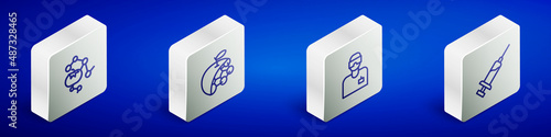 Set Isometric line Genetically modified food, Biological structure, Laboratory assistant and Syringe icon. Vector