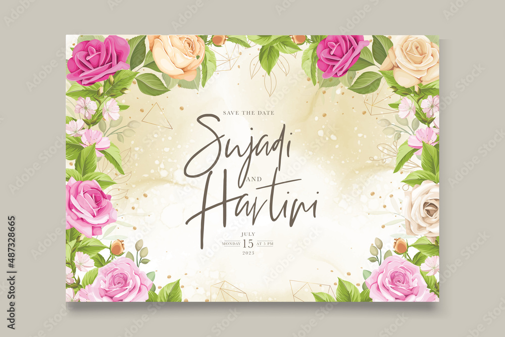 hand drawn beautiful roses wedding invitation card template