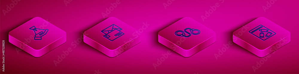 Set Isometric line Bribe money bag, Envelope, Handcuffs and Evidence bullet icon. Vector Set Isometric line Bribe money bag, Envelope, Handcuffs and Evidence bullet icon. Vector